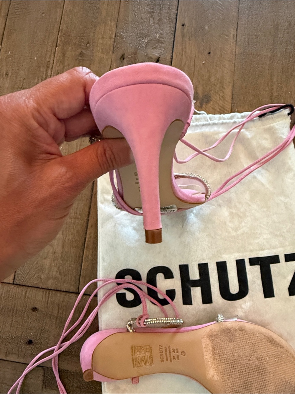 SCHUTZ Pink Suede Lace-Up Heeled Sandals with Crystal Trim - Picture 4 of 7